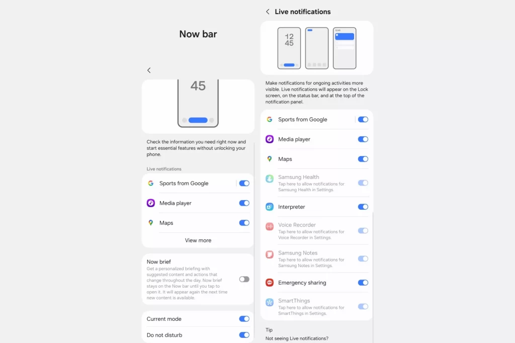 One UI 8 Now Bar settings and currently supported apps.