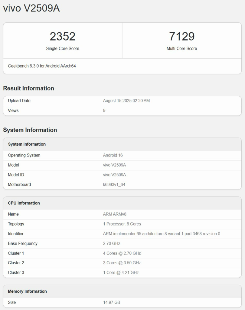 Vivo X300 Geekbench Listing