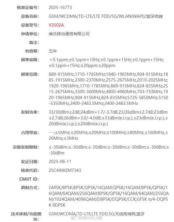 Vivo X300 Series Receive Radio Certification
