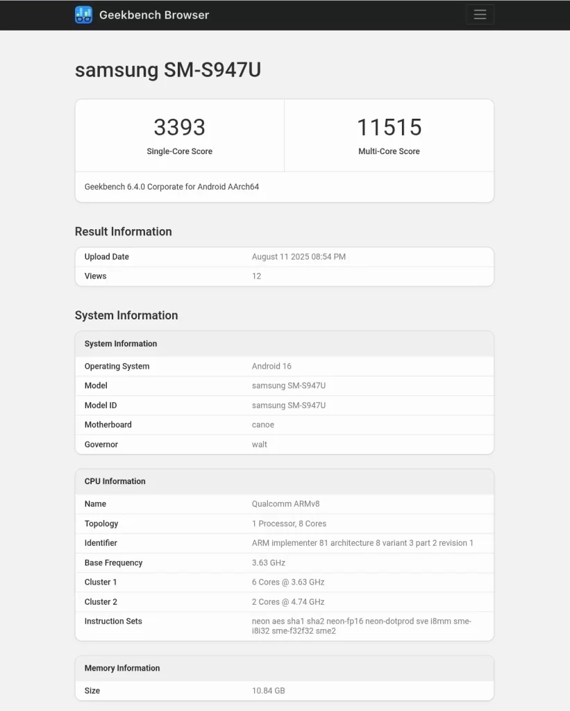  Galaxy S26 Edge Geekbench 6 benchmarks, 