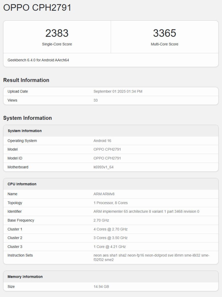Oppo Find X9 Geekbench scre